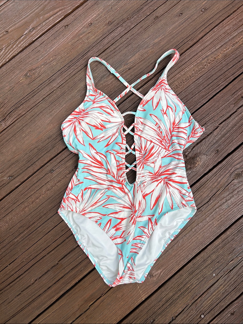 Vince Camuto One-Piece Swimsuit with Coral Leaf Print and Lace-Up Front